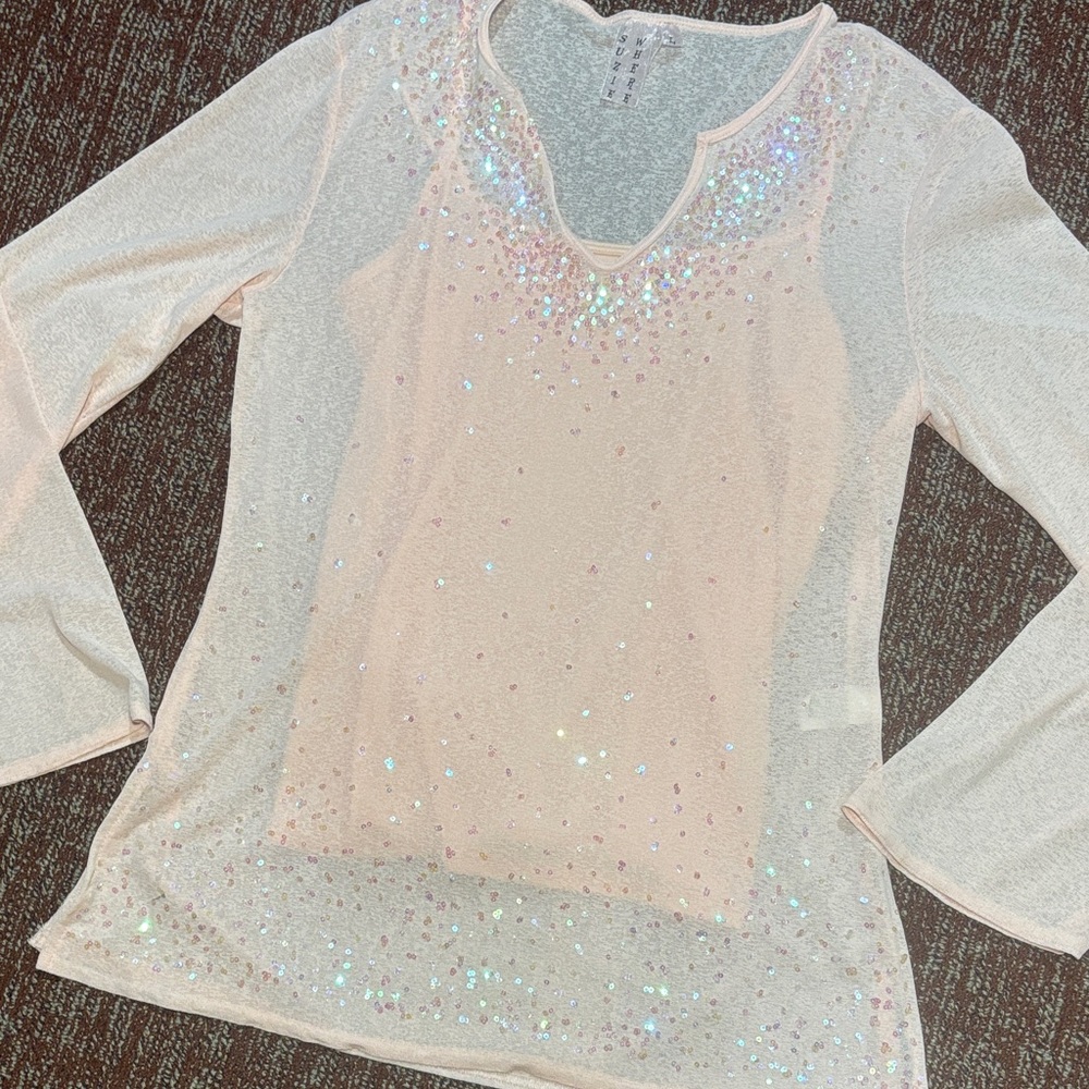 pastel pink sheer layered Sequin sparkle Embellished long sleeve blouse y2k top